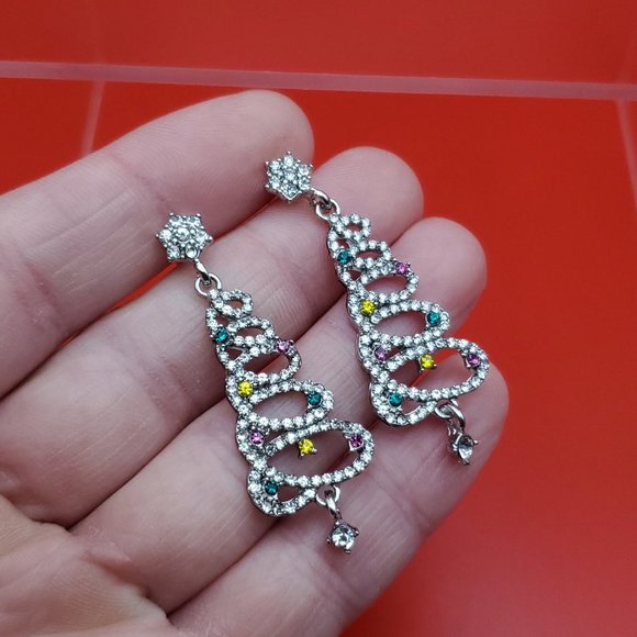 Silver Tone Beautiful Crystal Christmas Tree Dangle Earrings - Picture 2 of 6